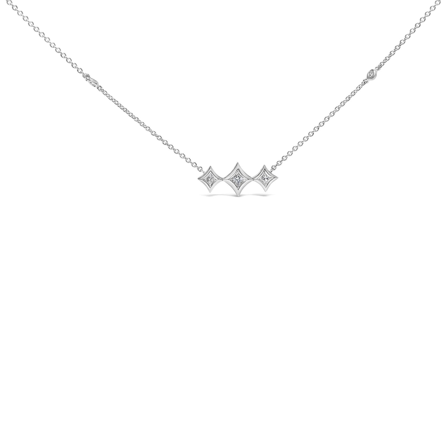 10K White Gold Bezel Set Princess Diamond 3 Stone Kite Shape and Station Necklace (H-I Color, SI2-I1 Clarity) - 18" Inches