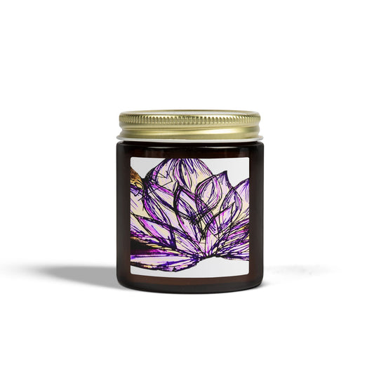 Candle jar with a decorative label featuring purple floral design on a white background