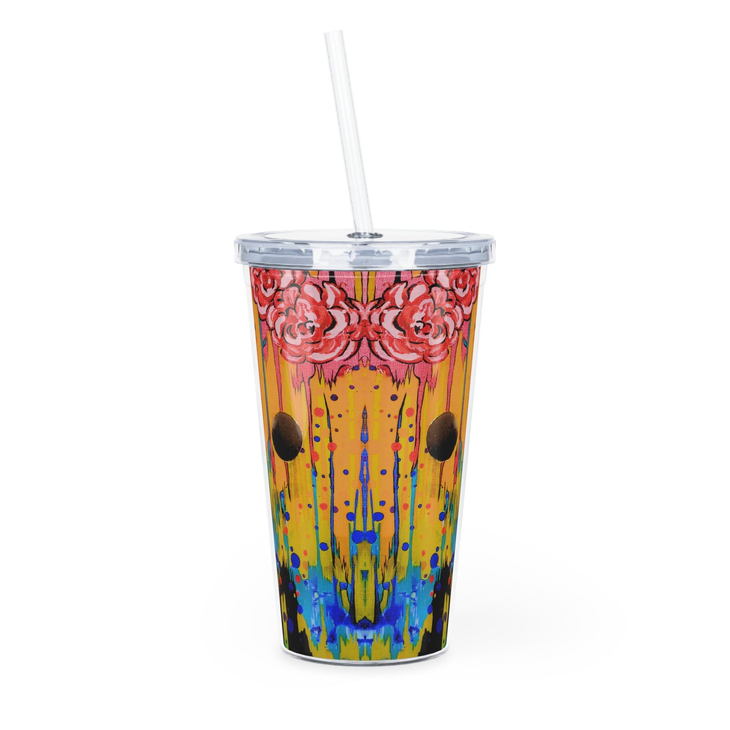 Colorful tumbler with floral design and straw on a white background