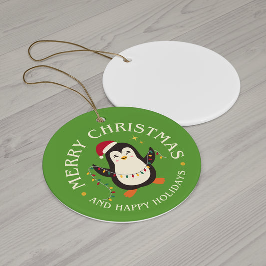 Merry Christmas Penguin Ceramic Ornament