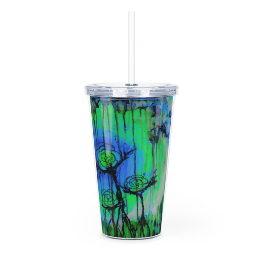Colorful tumbler with abstract design on a white background