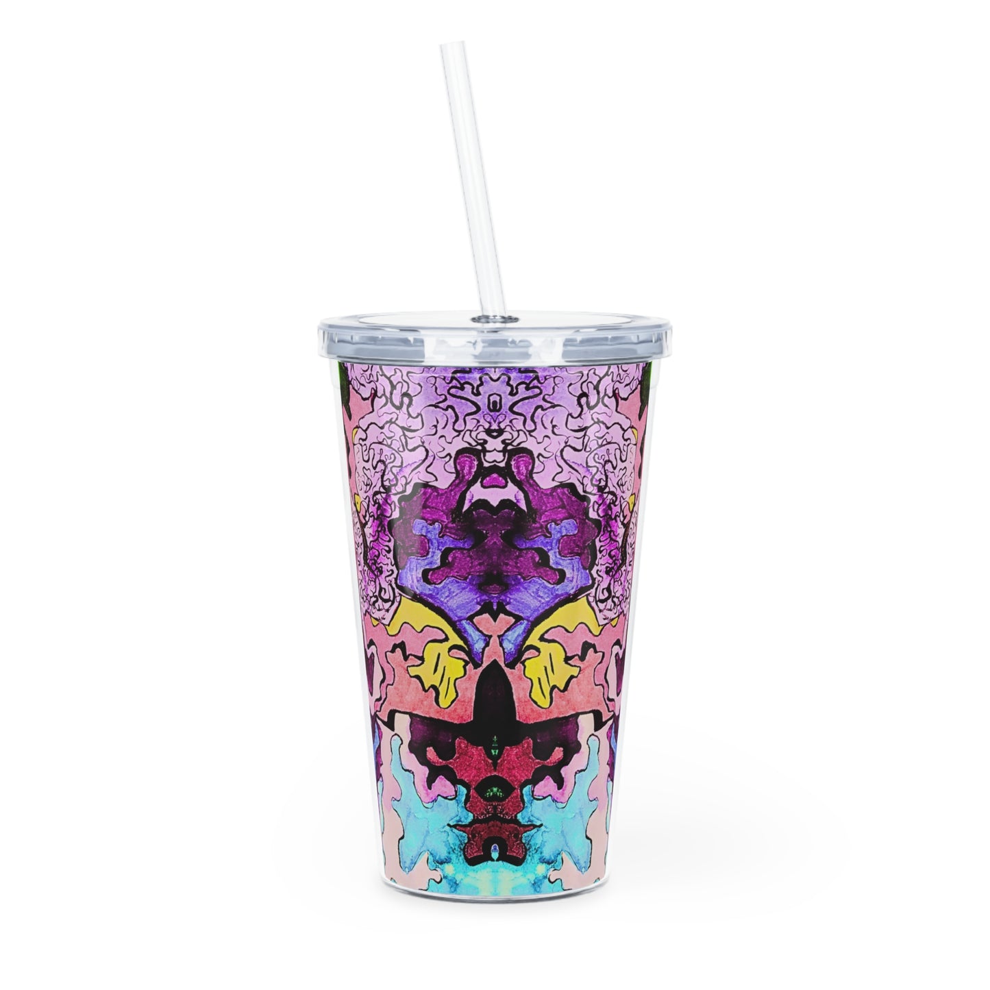 Colorful tumbler with abstract design and straw on a white background