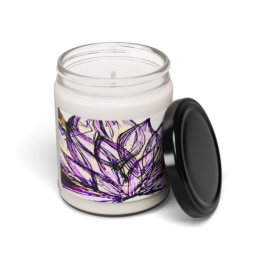 Candle jar with a purple floral design on a white background