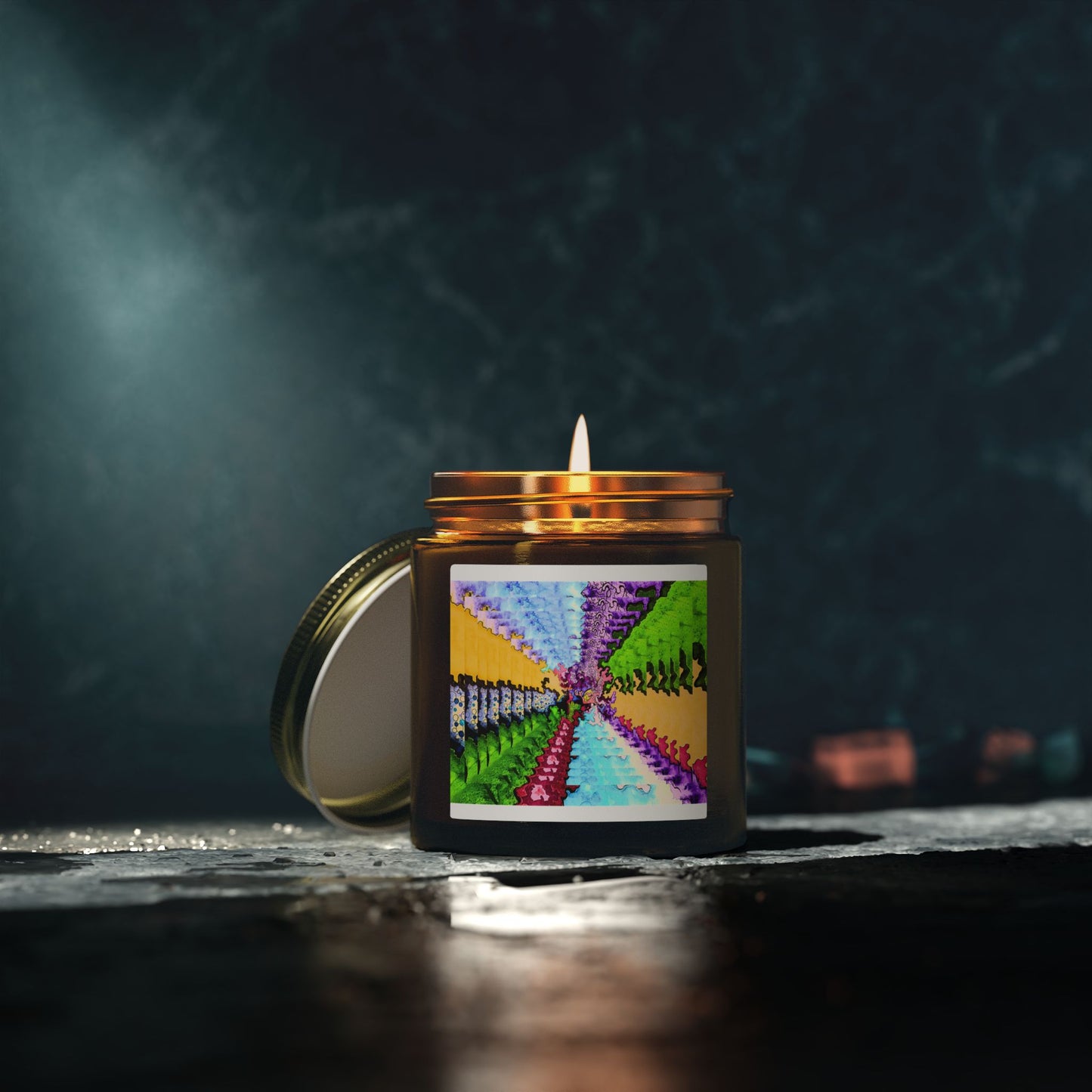Candle in a jar with a colorful label on a dark background
