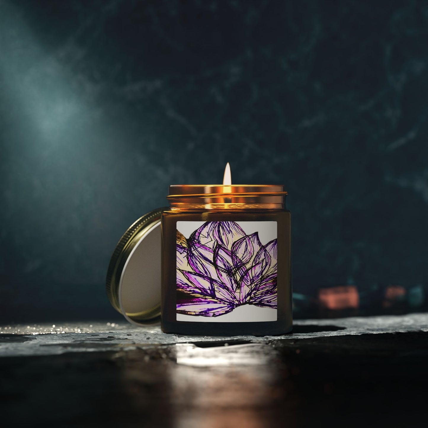 Candle in a jar with a decorative label on a dark background