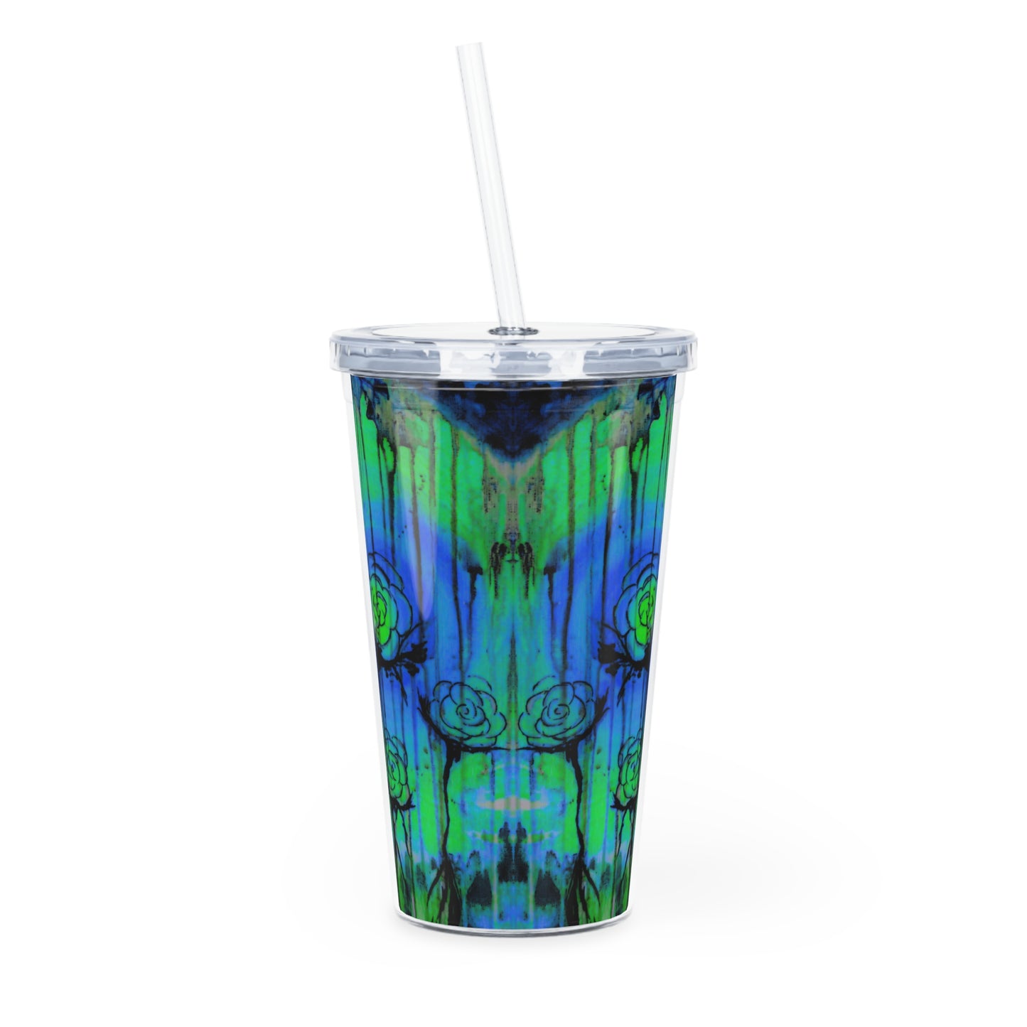 Colorful tumbler with a pattern and straw on a white background