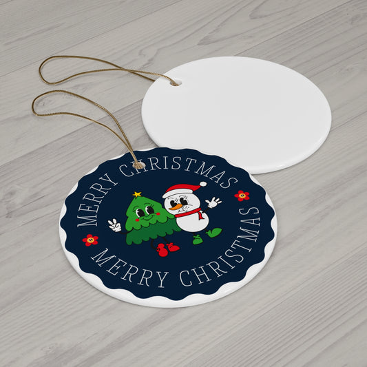 Merry Christmas Tree & Snowman Ceramic Ornament