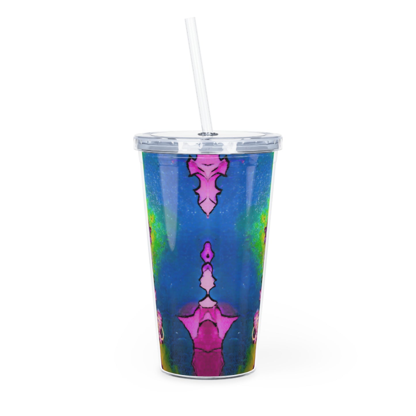 Colorful tumbler with abstract design on a white background