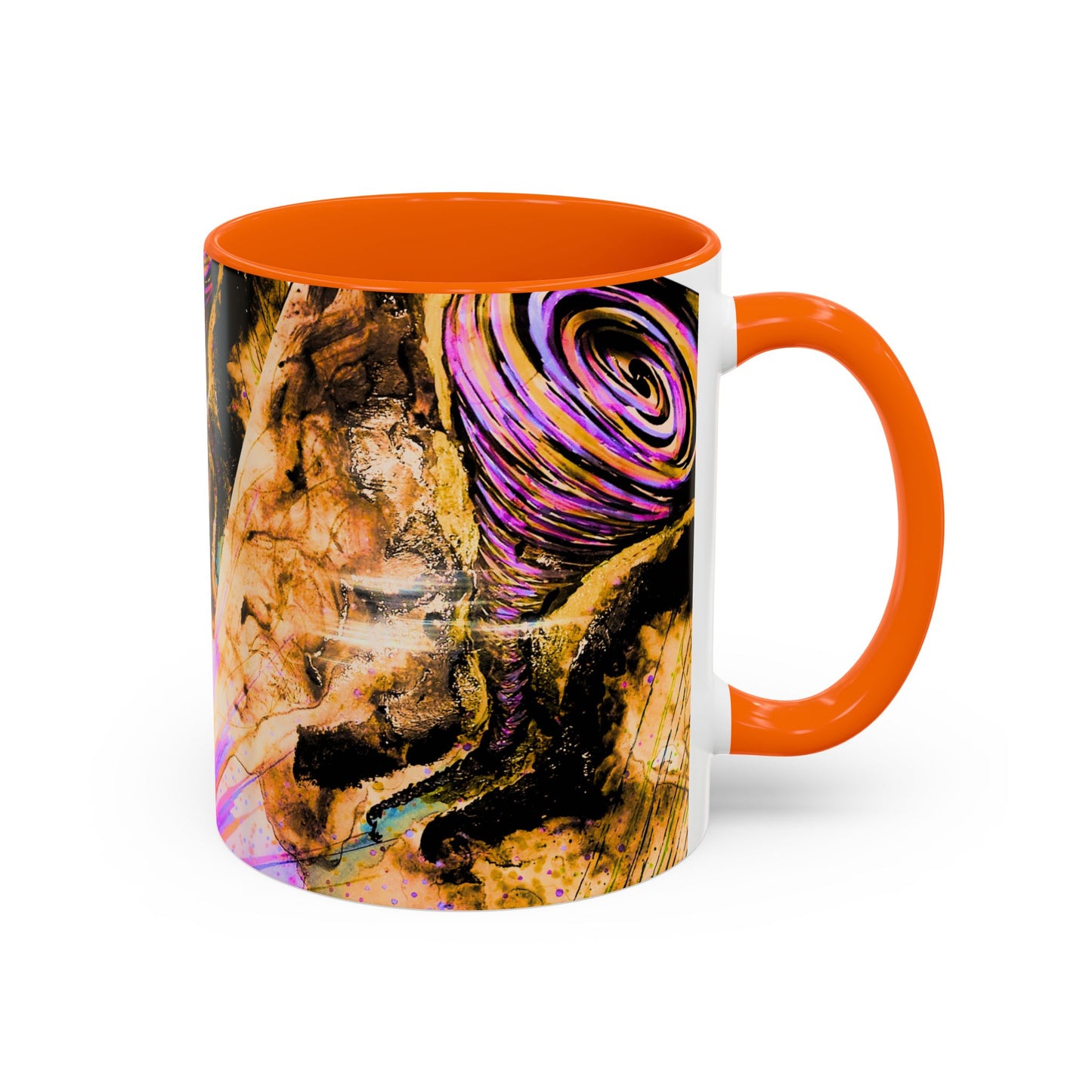 Mug with abstract design and orange handle and rim on a white background