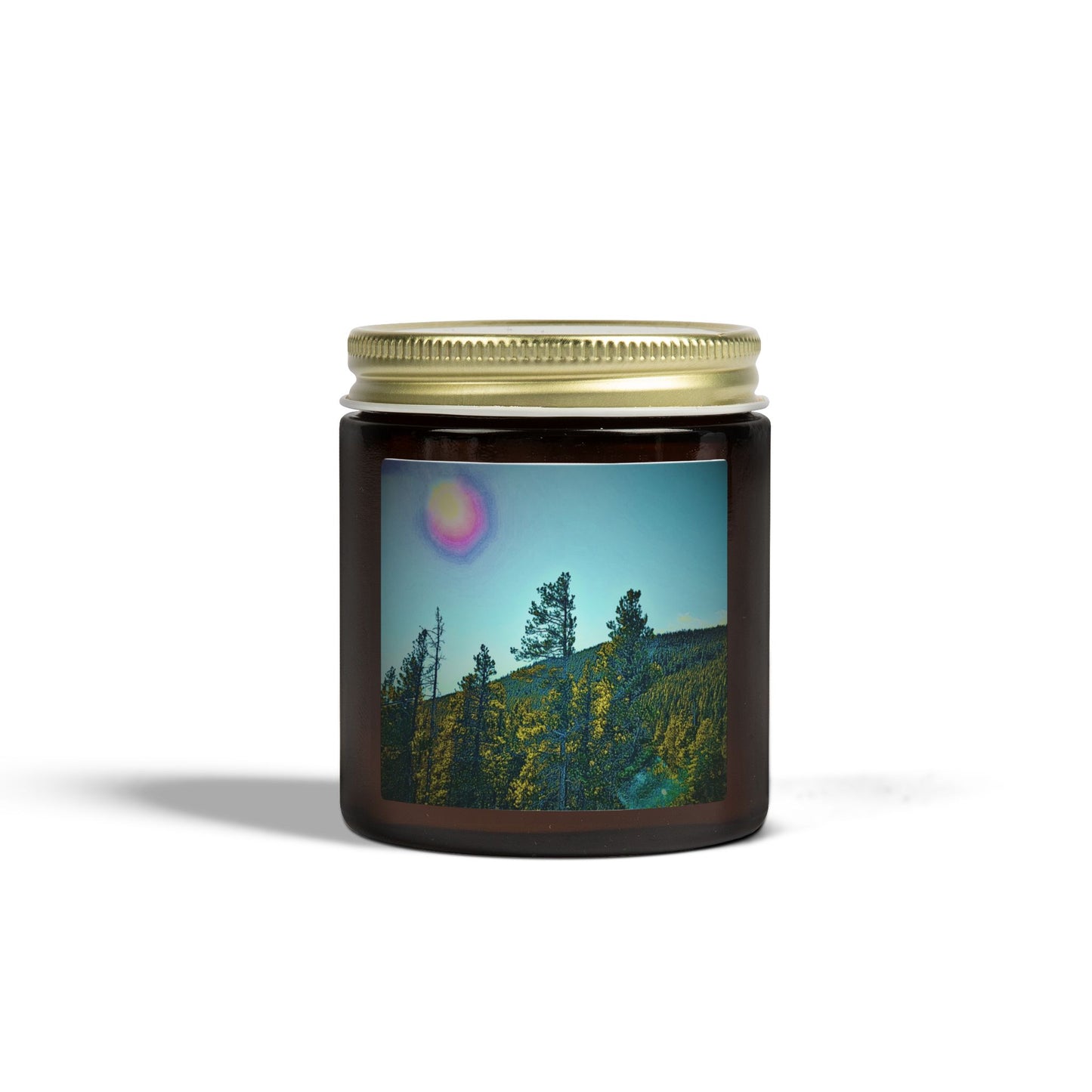 Candle jar with a scenic label on a white background