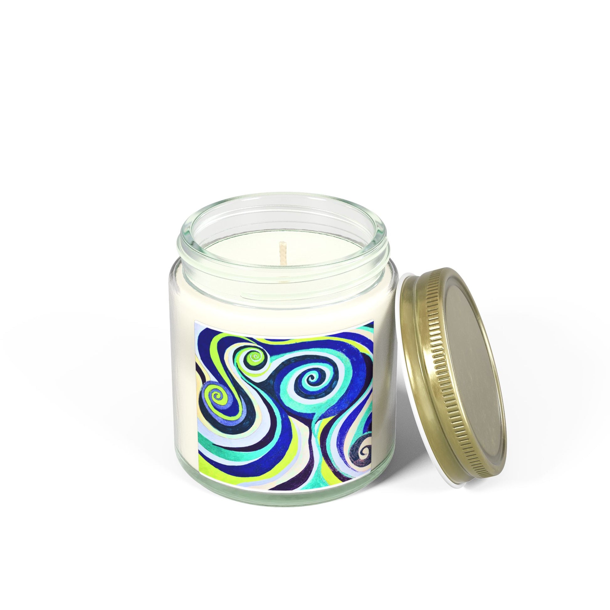 Candle in a glass jar with a colorful spiral design on a white background