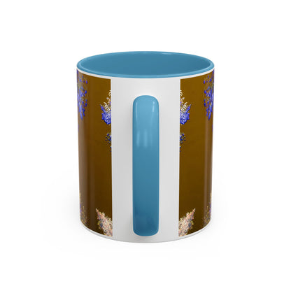 Floral Accent Coffee Mug — Botanical Blue & Pink Print on Brown (11/15oz)