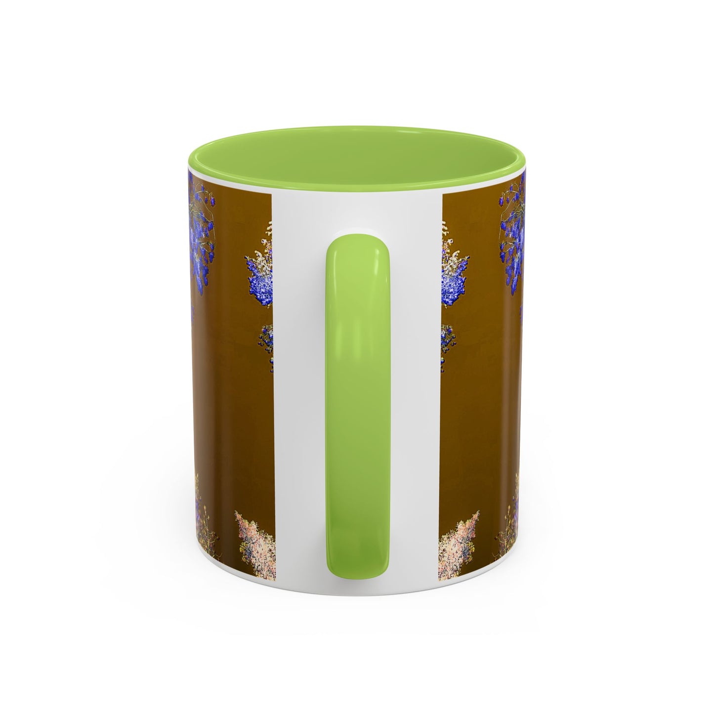 Floral Accent Coffee Mug — Botanical Blue & Pink Print on Brown (11/15oz)