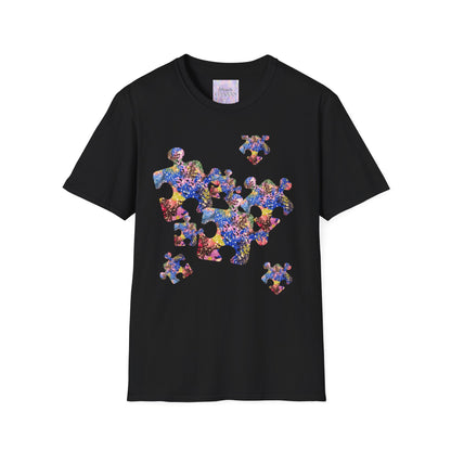 Black t-shirt with colorful puzzle print design on a white background