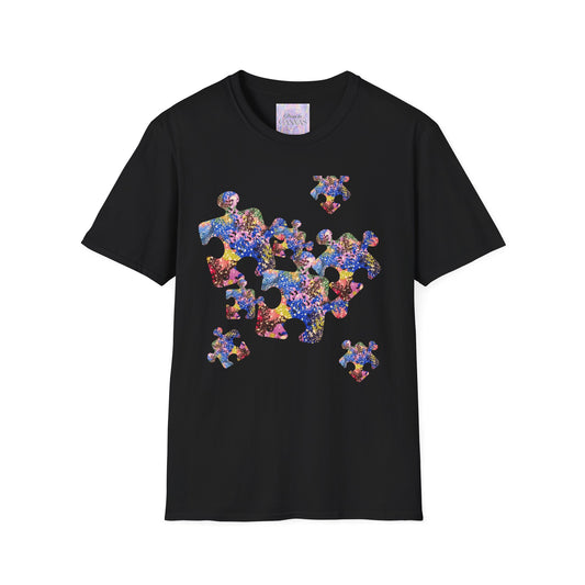 Black t-shirt with colorful puzzle print design on a white background