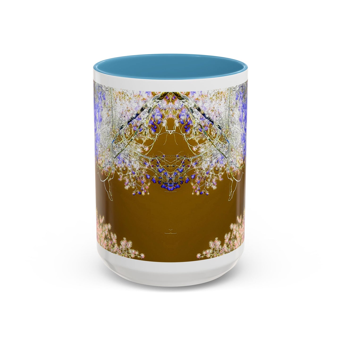 Floral Accent Coffee Mug — Botanical Blue & Pink Print on Brown (11/15oz)