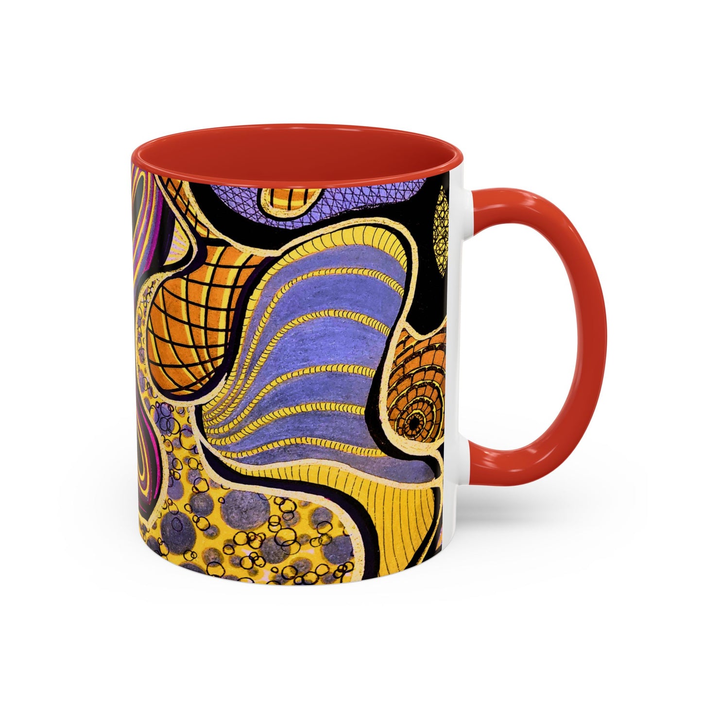 Psychedelic Seashells Accent Coffee Mug — Vibrant Purple & Gold Ocean Pattern (11/15oz)