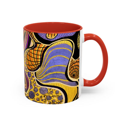 Psychedelic Seashells Accent Coffee Mug — Vibrant Purple & Gold Ocean Pattern (11/15oz)