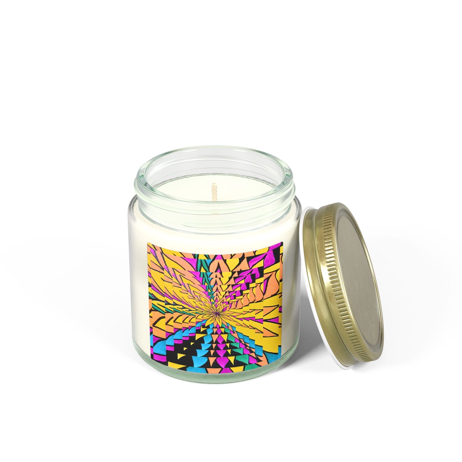 Candle in a glass jar with a colorful label on a white background
