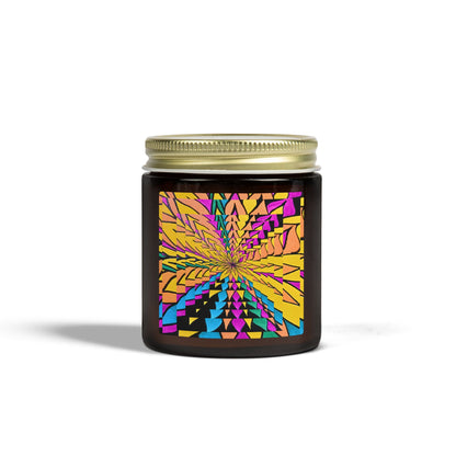 Candle jar with a colorful geometric design on a white background
