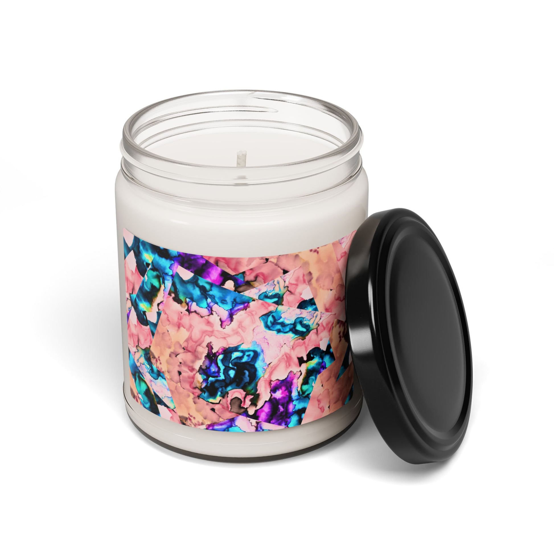 Candle with a colorful label on a white background