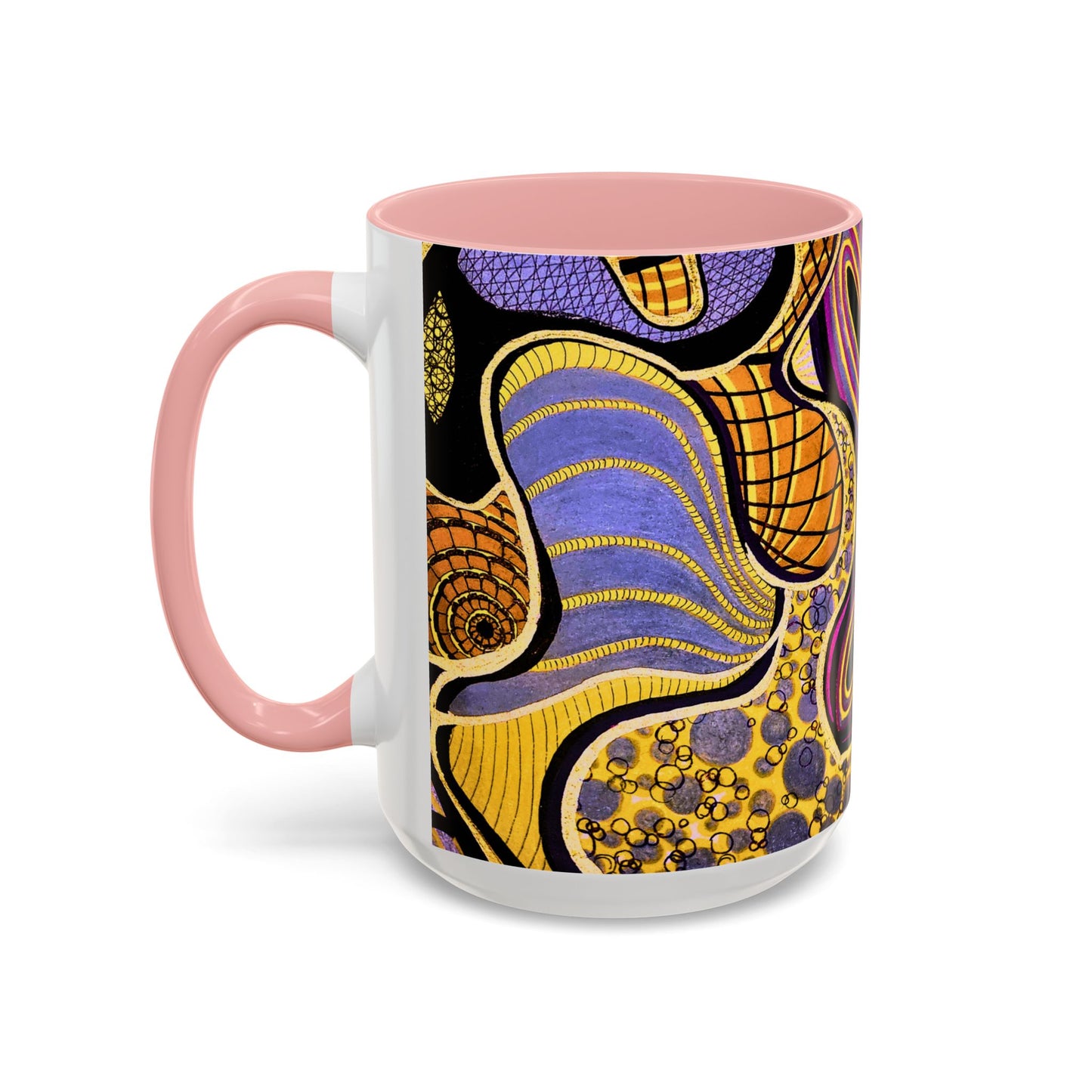 Psychedelic Seashells Accent Coffee Mug — Vibrant Purple & Gold Ocean Pattern (11/15oz)