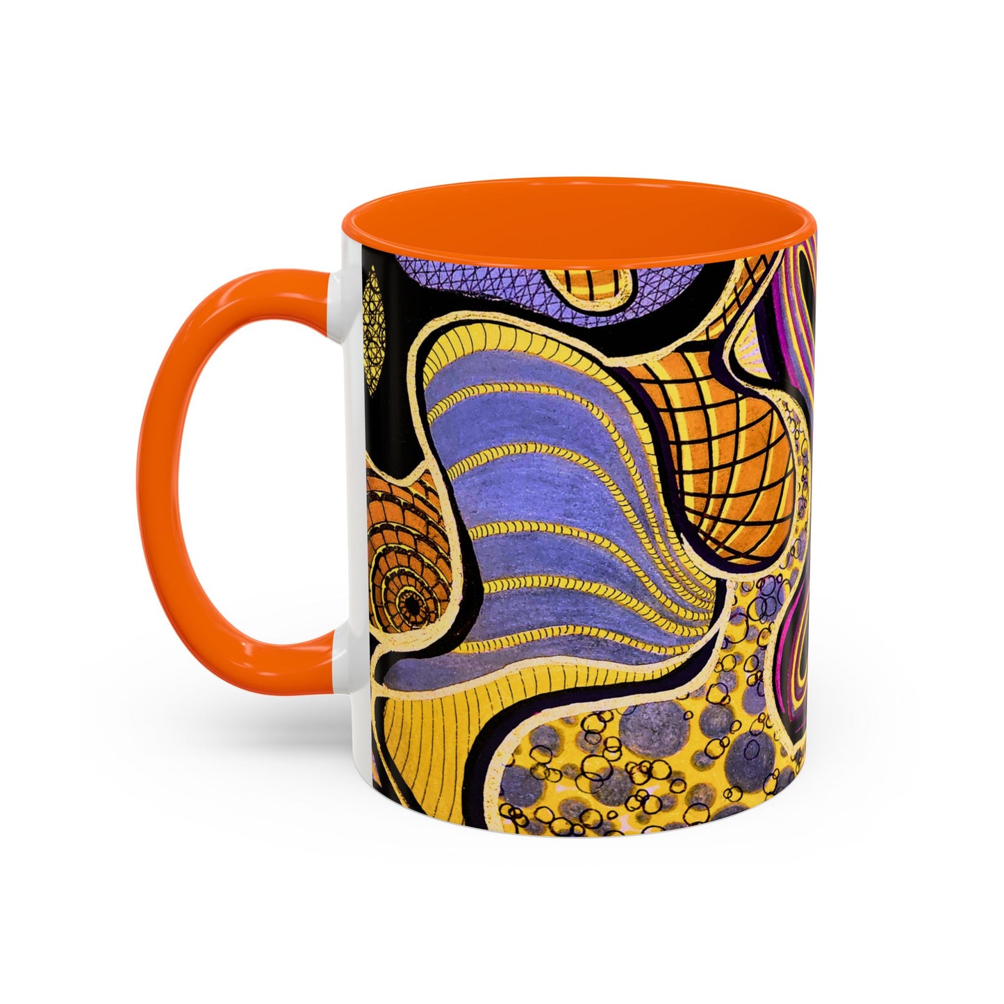 Psychedelic Seashells Accent Coffee Mug — Vibrant Purple & Gold Ocean Pattern (11/15oz)