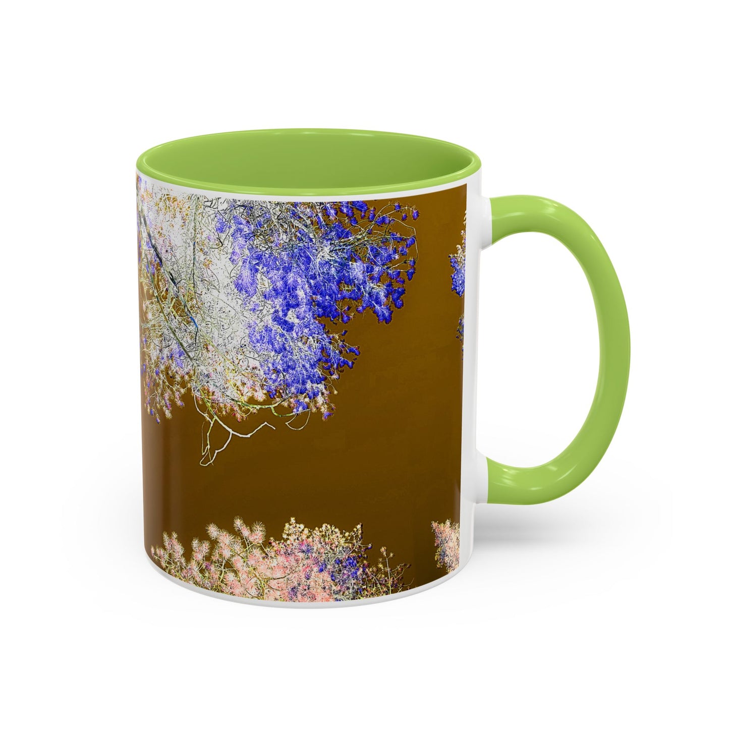 Floral Accent Coffee Mug — Botanical Blue & Pink Print on Brown (11/15oz)