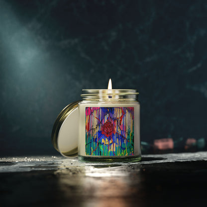 Candle in a jar with a colorful label on a dark background
