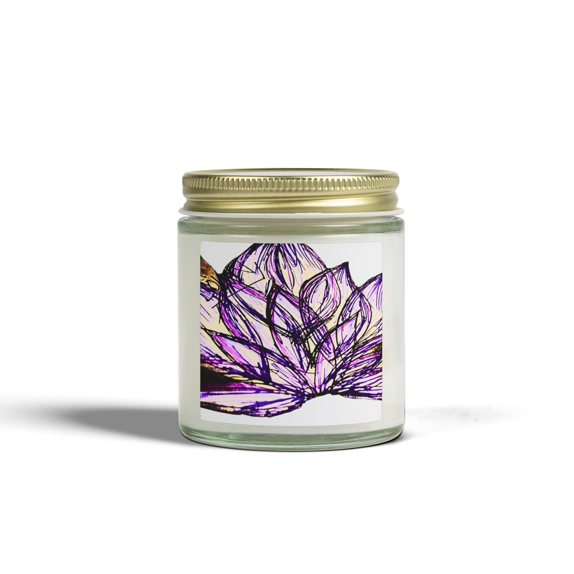 Candle jar with a purple floral design on the label against a white background