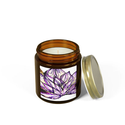 Candle in an amber jar with a decorative label on a white background