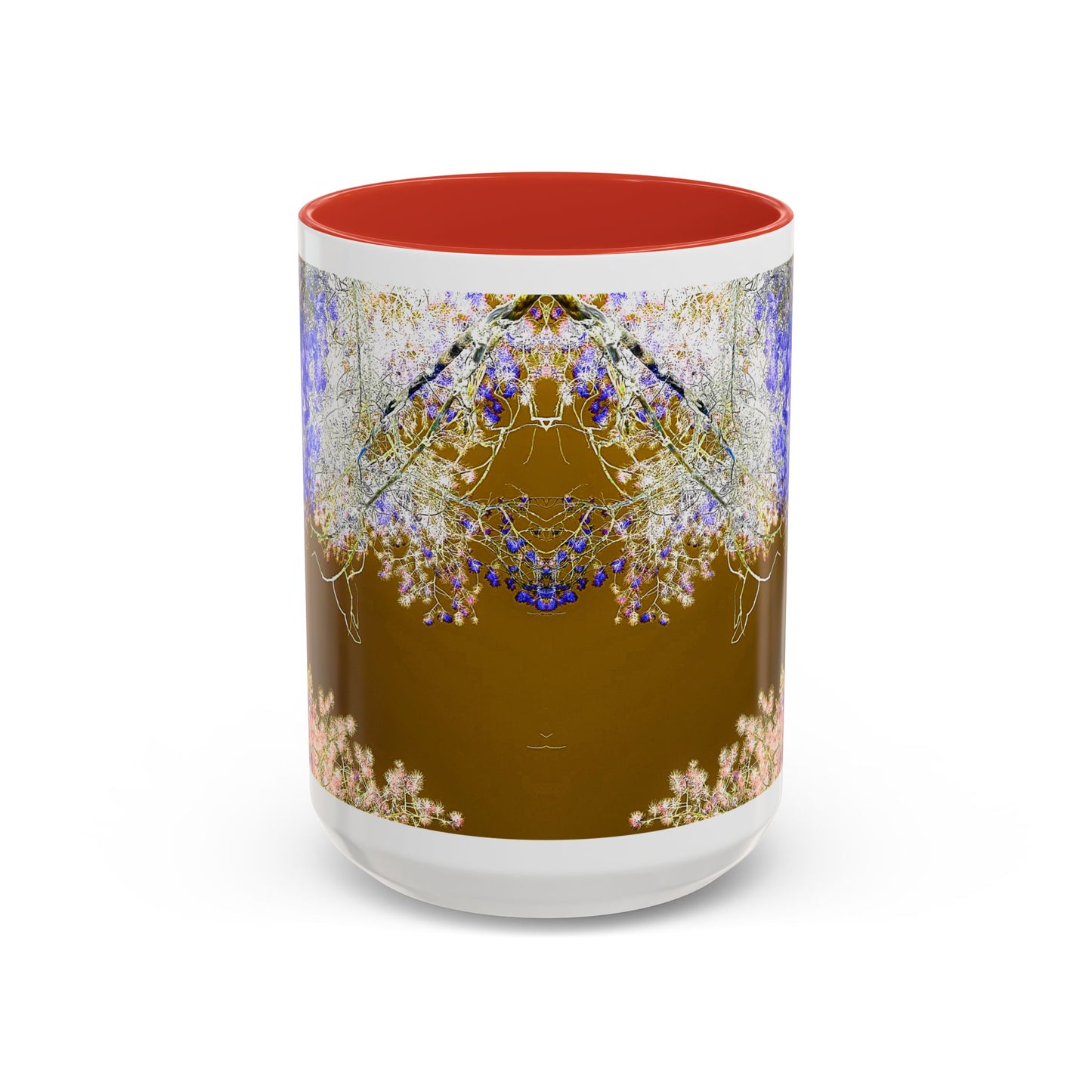 Floral Accent Coffee Mug — Botanical Blue & Pink Print on Brown (11/15oz)