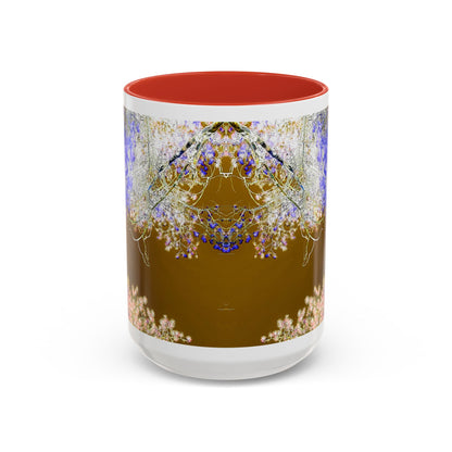 Floral Accent Coffee Mug — Botanical Blue & Pink Print on Brown (11/15oz)