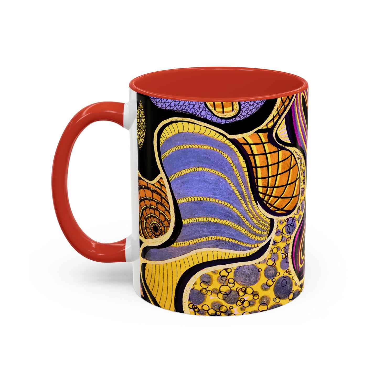 Psychedelic Seashells Accent Coffee Mug — Vibrant Purple & Gold Ocean Pattern (11/15oz)
