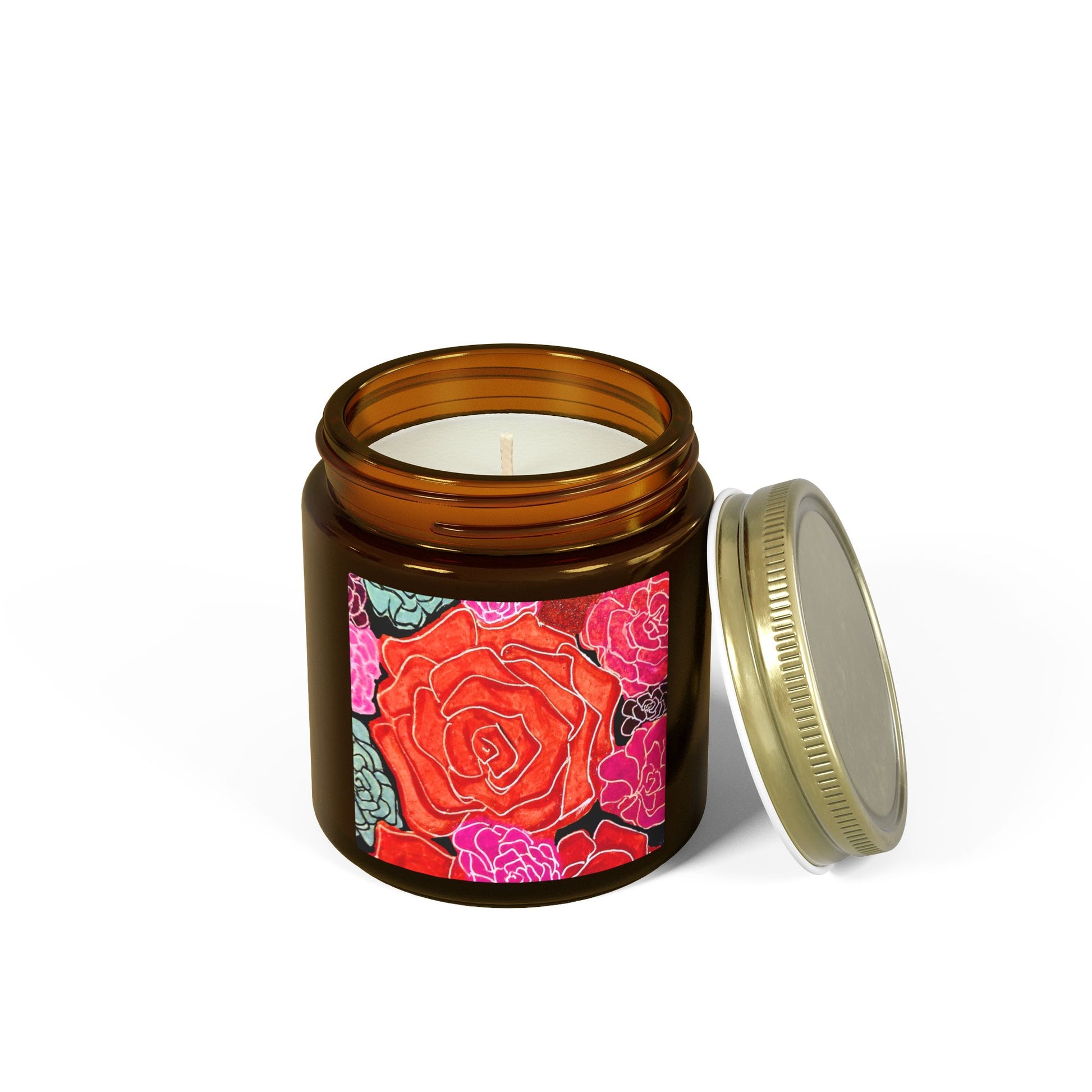 Candle in an amber jar with a floral label on a white background