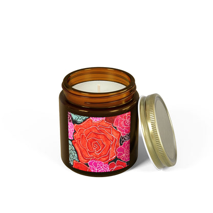 Candle in an amber jar with a floral label on a white background