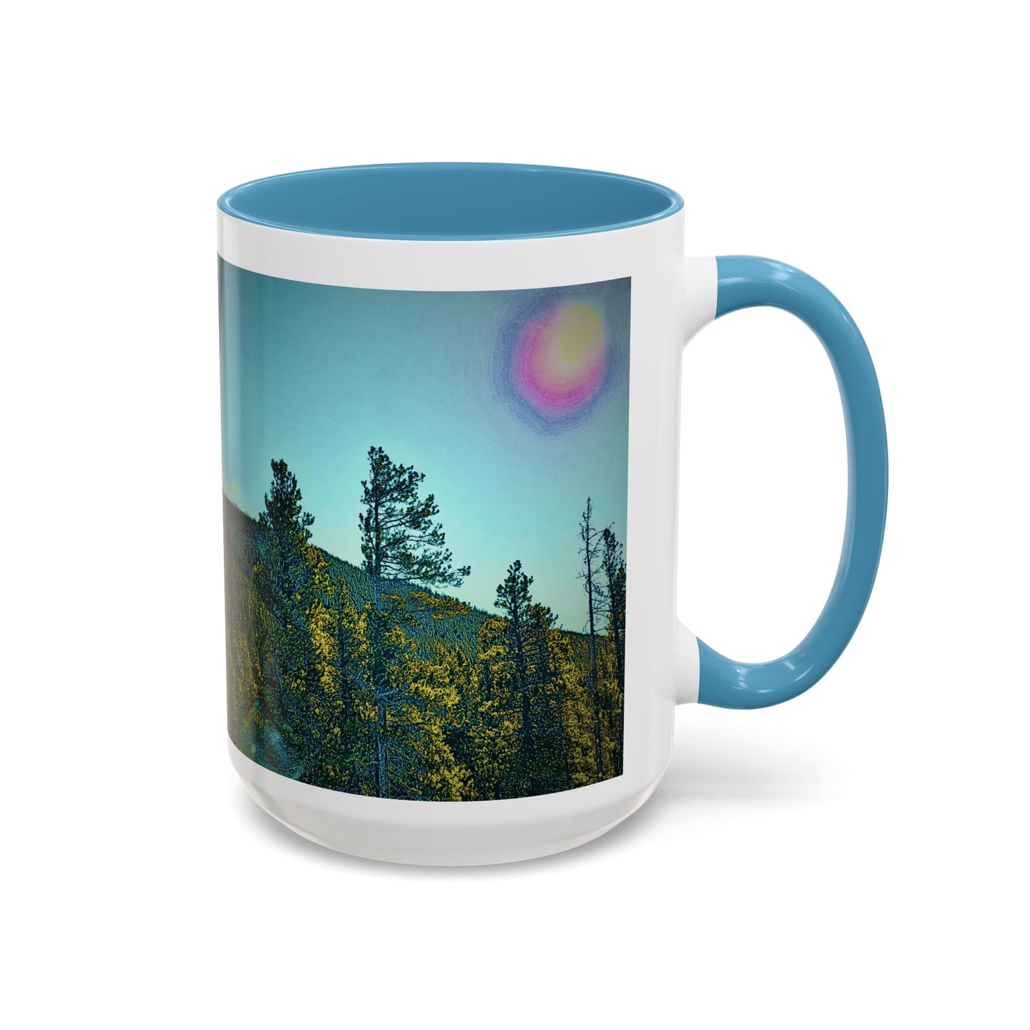 Scenic Pine Forest Accent Coffee Mug — Sunrise Landscape 11/15oz