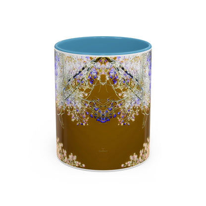 Floral Accent Coffee Mug — Botanical Blue & Pink Print on Brown (11/15oz)