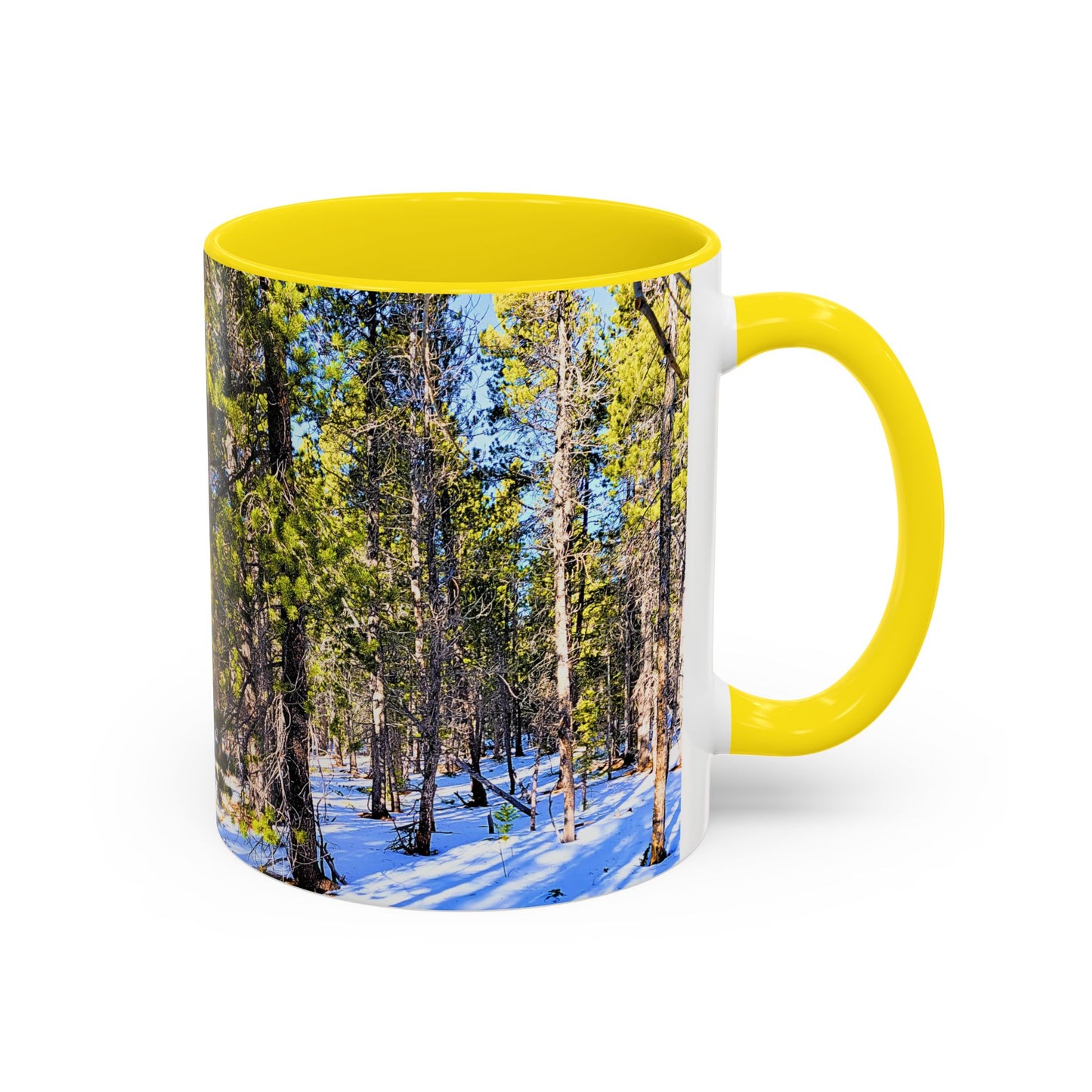 Pine Forest Snow Accent Coffee Mug – Scenic Nature Photography 11/15oz