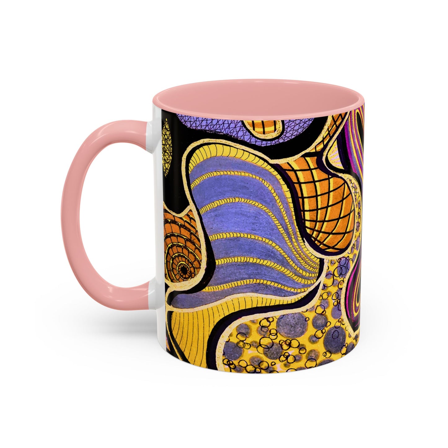 Psychedelic Seashells Accent Coffee Mug — Vibrant Purple & Gold Ocean Pattern (11/15oz)