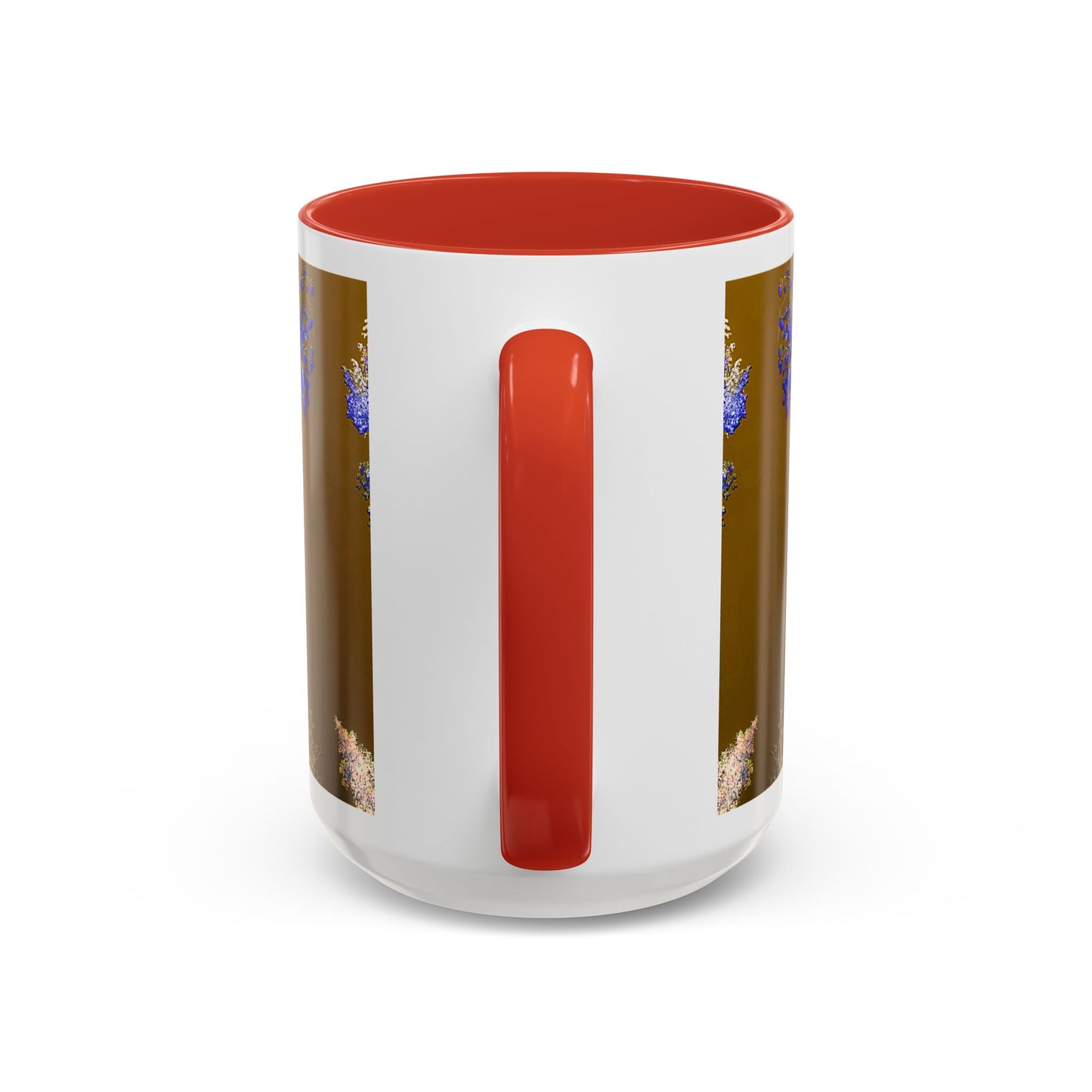 Floral Accent Coffee Mug — Botanical Blue & Pink Print on Brown (11/15oz)