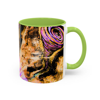 Mug with a colorful abstract design and green handle and lid on a white background