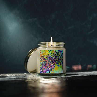 Candle in a jar with a colorful label on a dark background
