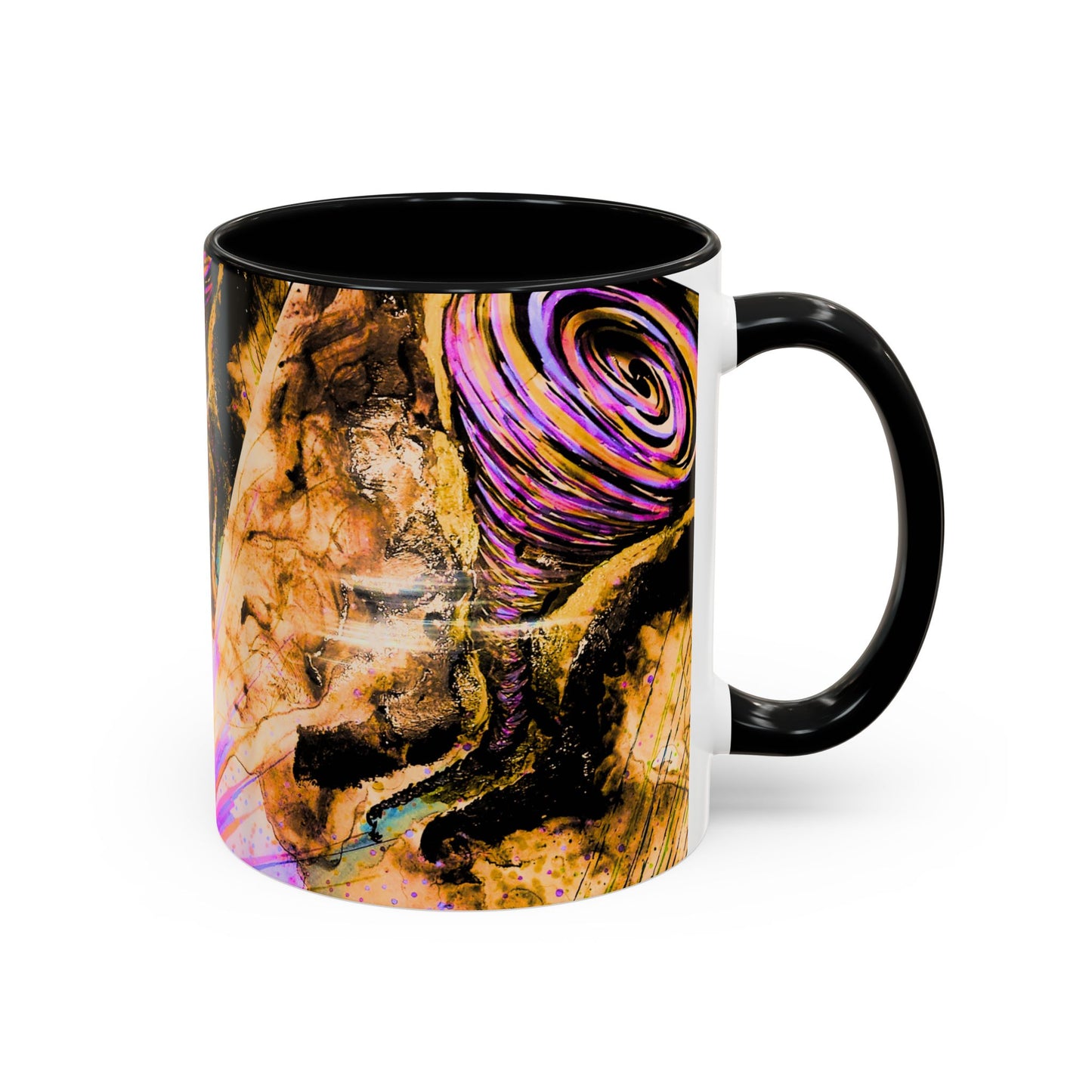 Black mug with a colorful abstract design on a white background