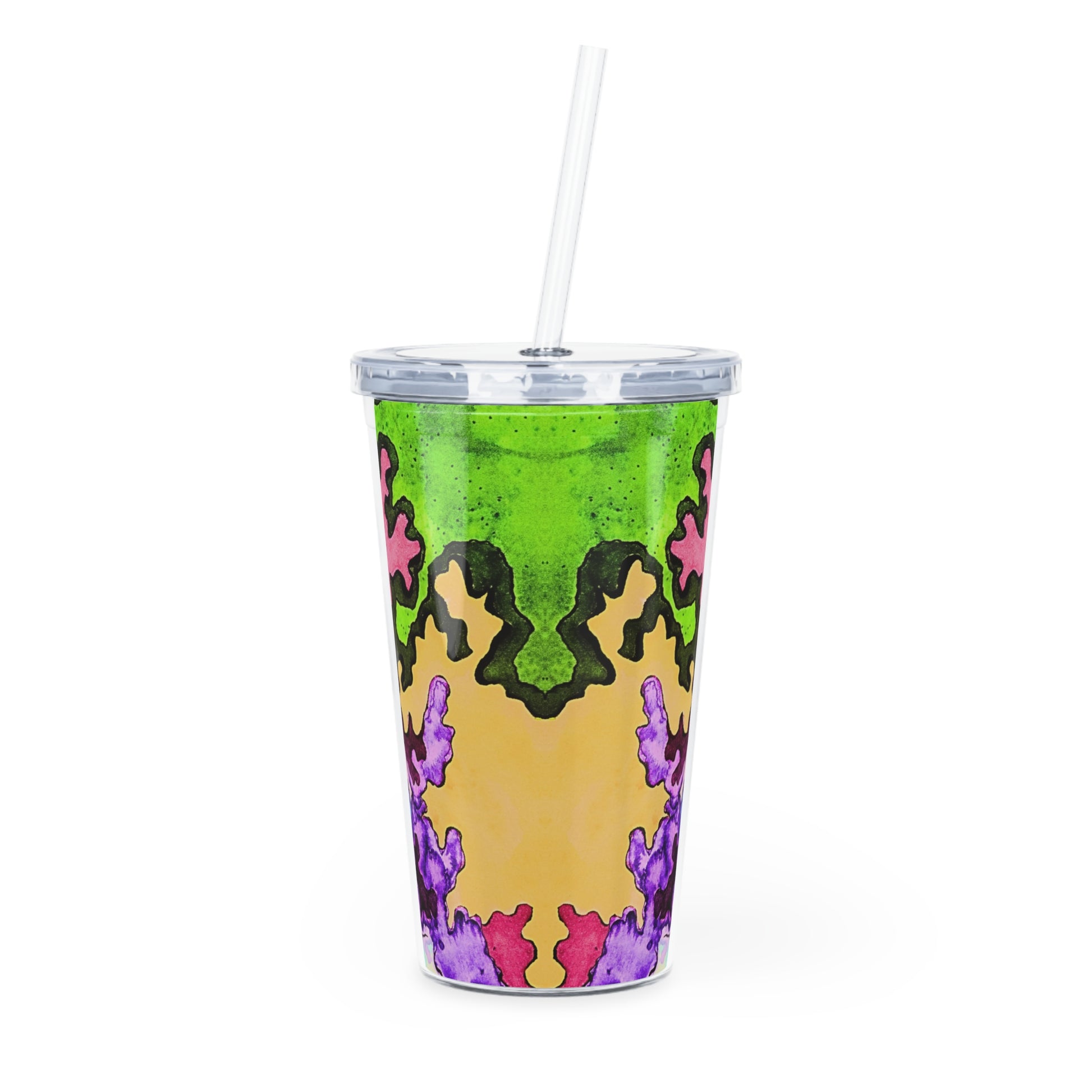 Colorful patterned tumbler with a straw on a white background