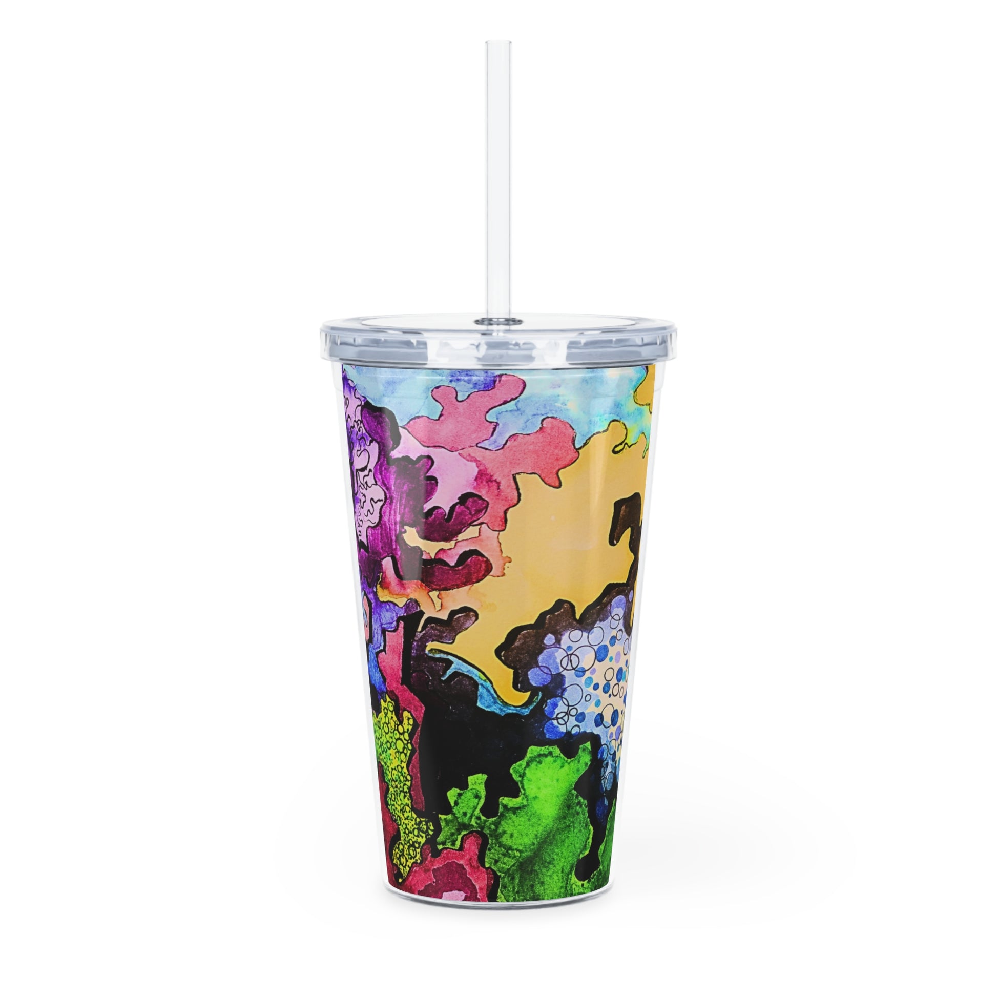 Colorful tumbler with a straw on a white background