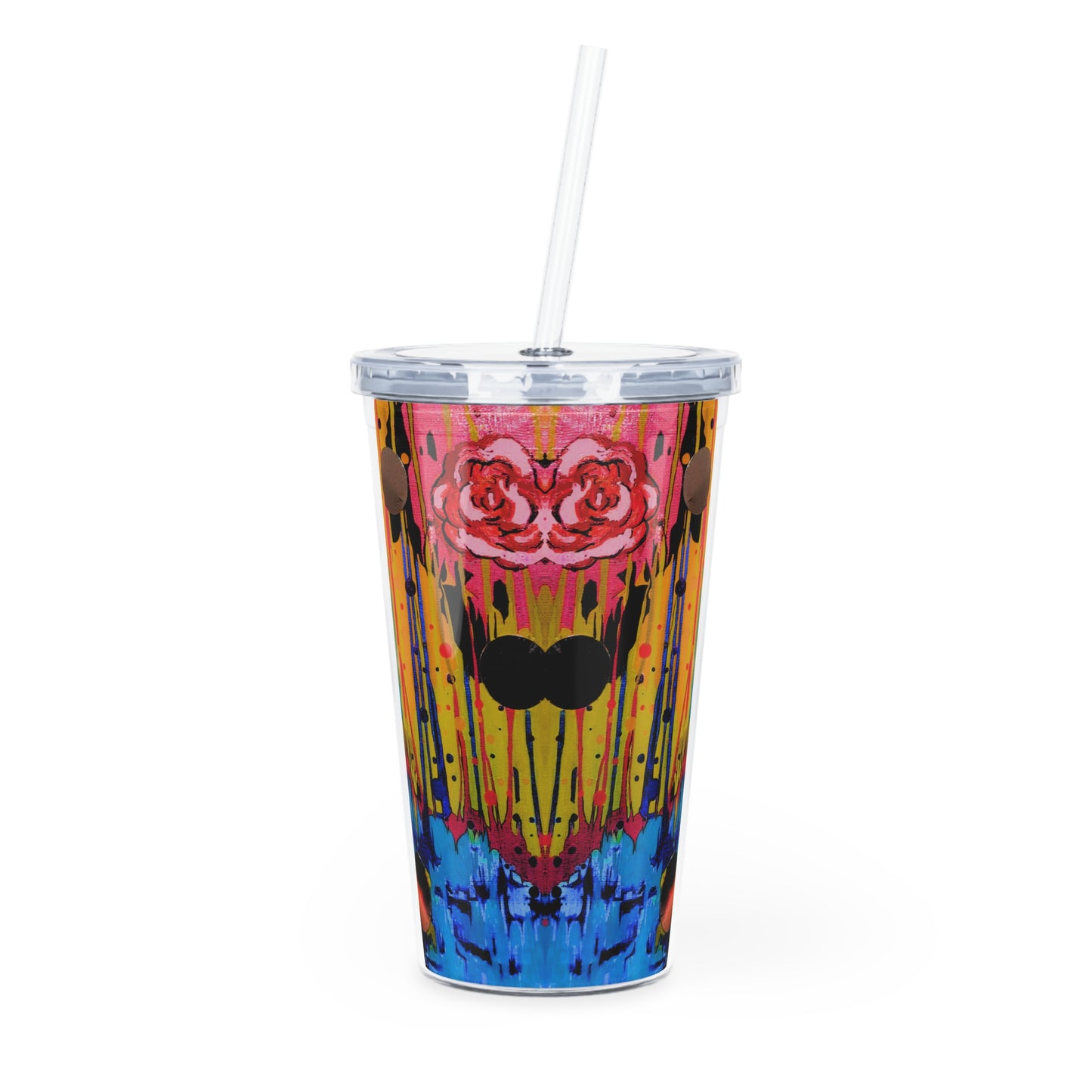 Colorful tumbler with a design featuring roses and abstract patterns on a white background.