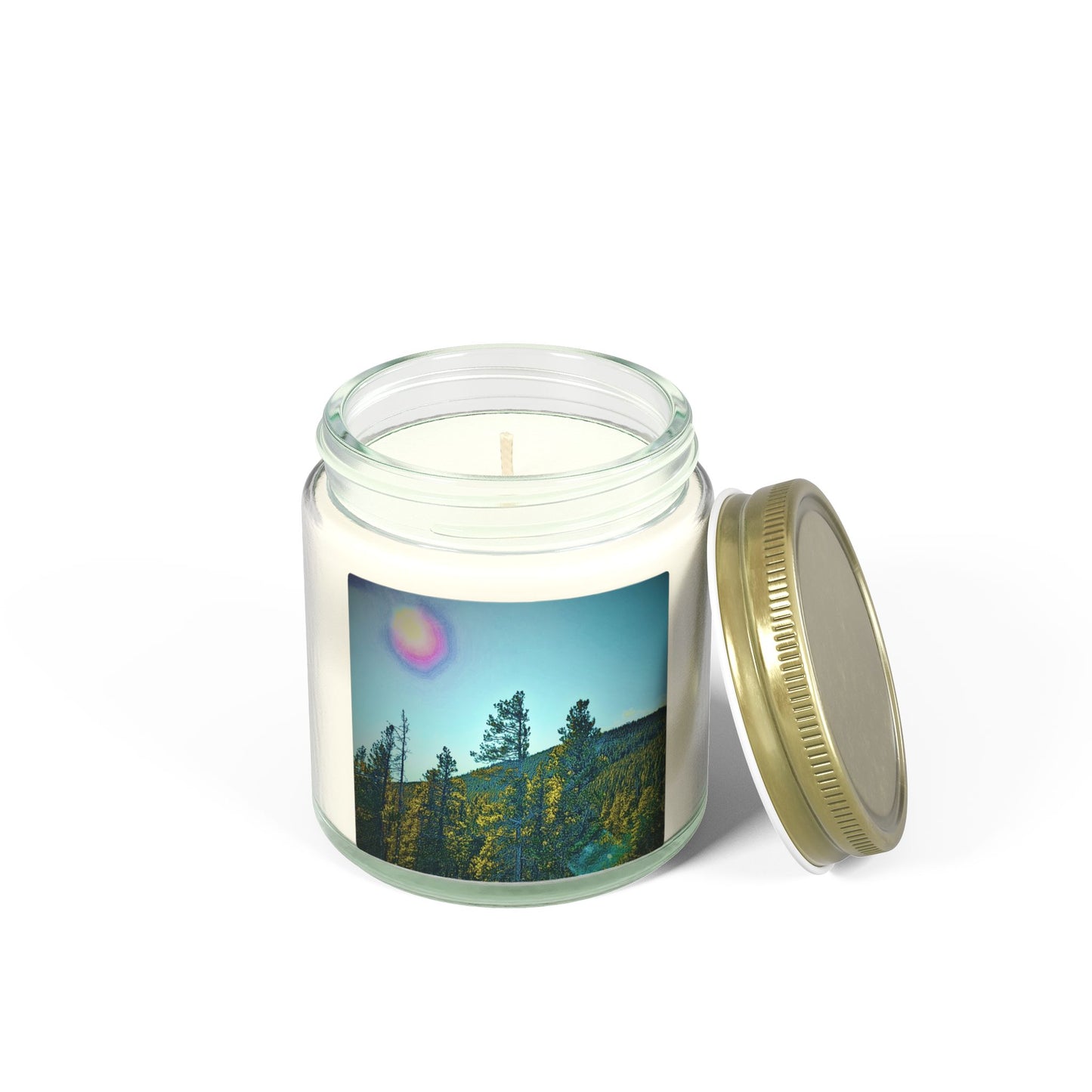 Candle in a jar with a scenic label on a white background