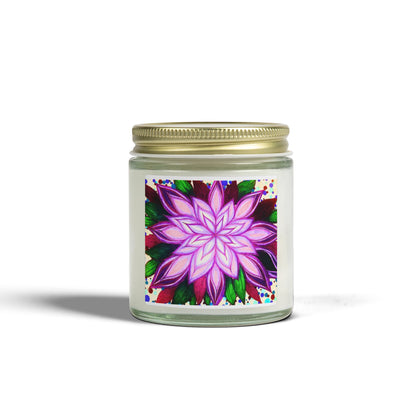 Candle jar with a colorful label featuring a purple flower design on a white background