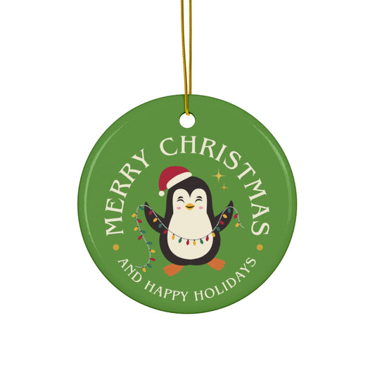 Merry Christmas Penguin Ceramic Ornament
